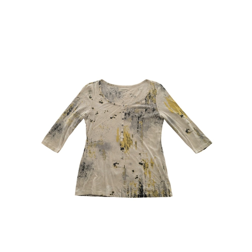 Relativity Womens L Henley Top Beige Abstract Paint Splatter 3/4 Sleeve Cotton